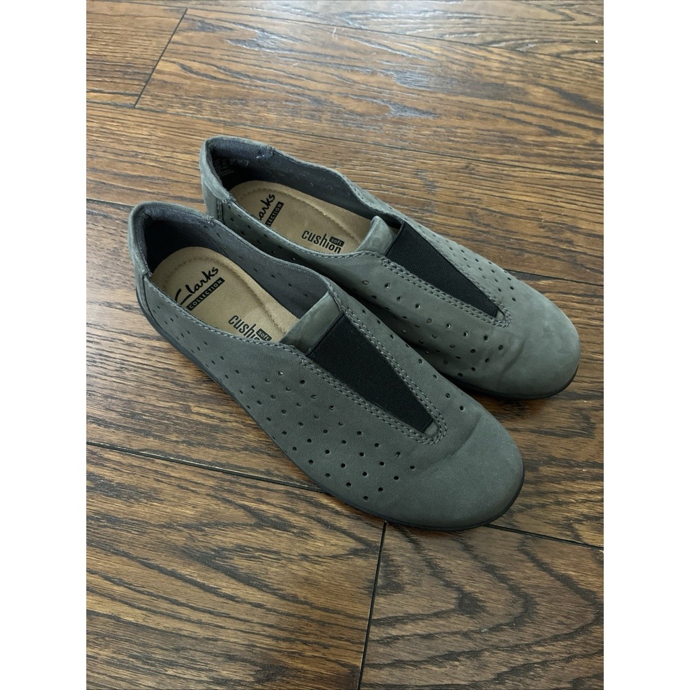 Clarks Soft Cushion Gray Nubuck Slip On Loafers Medora Gemma Women's Shoes Sz 5